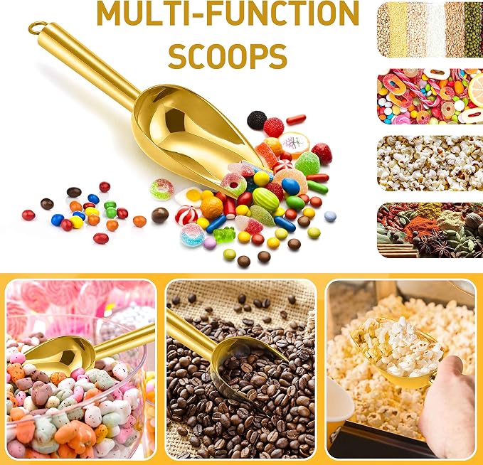 Herogo 3oz Mini ice Scoop Set of 4, Small Stainless Steel Scooper for Candy/Flour/Bean/Pet Food/ Ice Cube, Metal Utility Scoops for Kitchen Bar Party Wedding, Dishwasher Safe & Heavy Duty, Gold