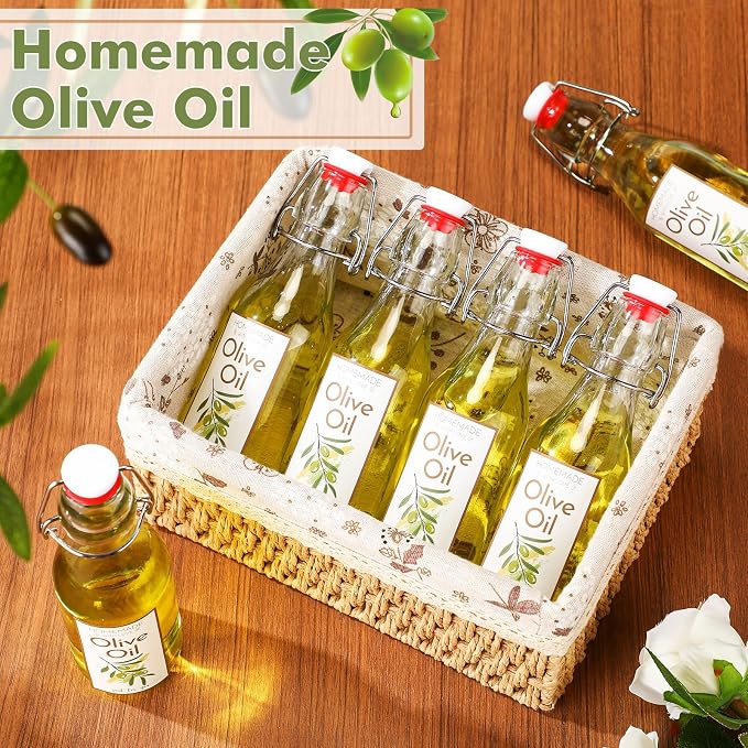 Havawish 16 Pcs 8 oz Mini Olive Oil Bottles Homemade Swing Top Clear Flip Top Bottles with Airtight Lids Labels for Storing Homemade Olive Oil Wedding Baby Shower Favors(Circle)