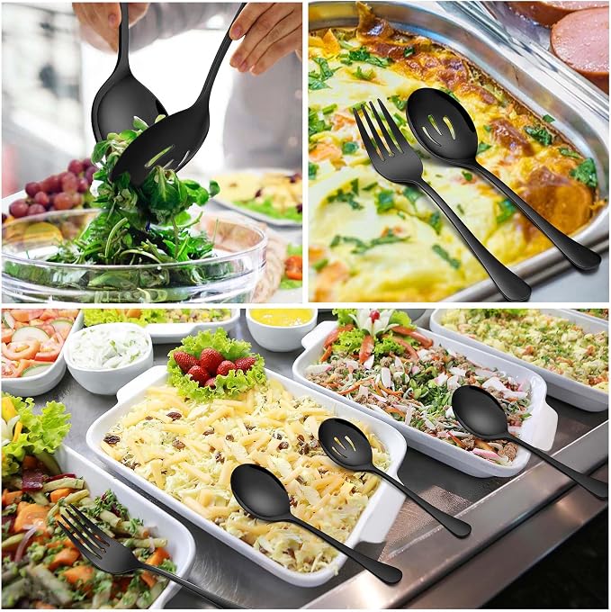 Homikit Large Black Serving Spoons Forks Set of 6, Stainless Steel Serving Utensils for Catering Buffet Banquet Party Kitchen Restaurant, 9.8 Inch Big Metal Hostess Set, Dishwasher Safe