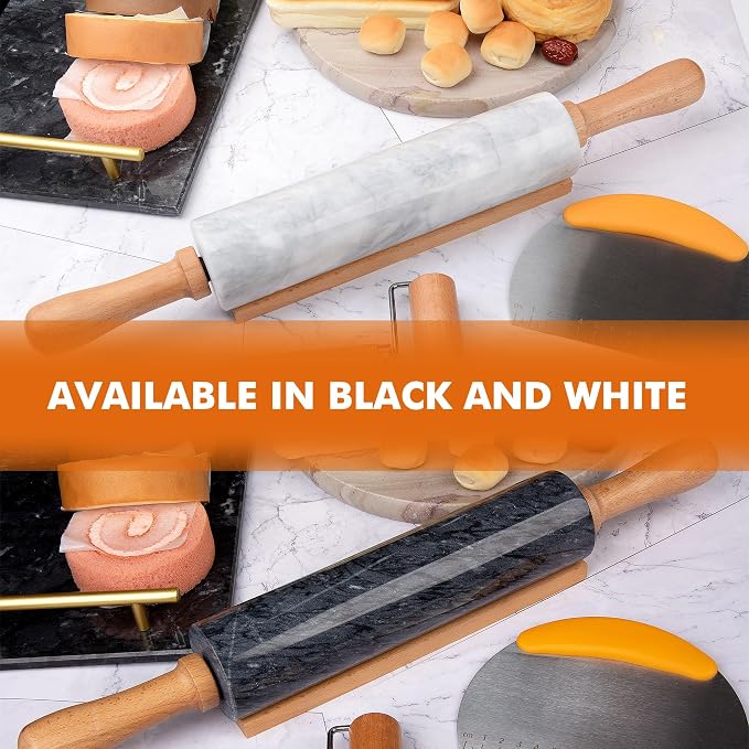 18.5 inches Marble Rolling Pin,Large Non-Stick Dough Roller,for making pizza, cookies,pie crusts, and pasta.with Silicone Pastry Mat,Stainless Steel Scraper,and Small Wooden Roller Pin(White)