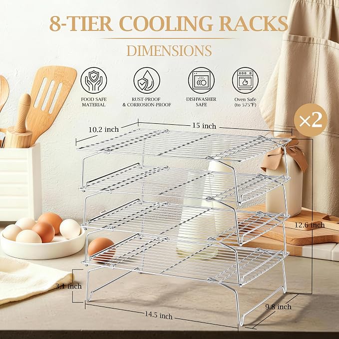 LIANYU 4-Tier Stackable Cooling Rack for Cooking & Baking, 10"x15", 2 Pack | Stainless Steel Collapsible Cooling Rack for Cookies, Cakes, Baking Wire Racks Fits Jelly Roll Pan, Oven & Dishwasher Safe