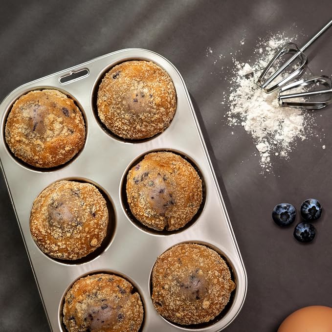 Fox Run Stainless Steel Extra Large Muffin and Cupcake Pan, 6 Cup Jumbo Tin | Bake Jumbo Cupcakes & Muffins | Durable Dishwasher Safe Stainless Steel | 6 XL Cups | Consistent Results | Baking Essential