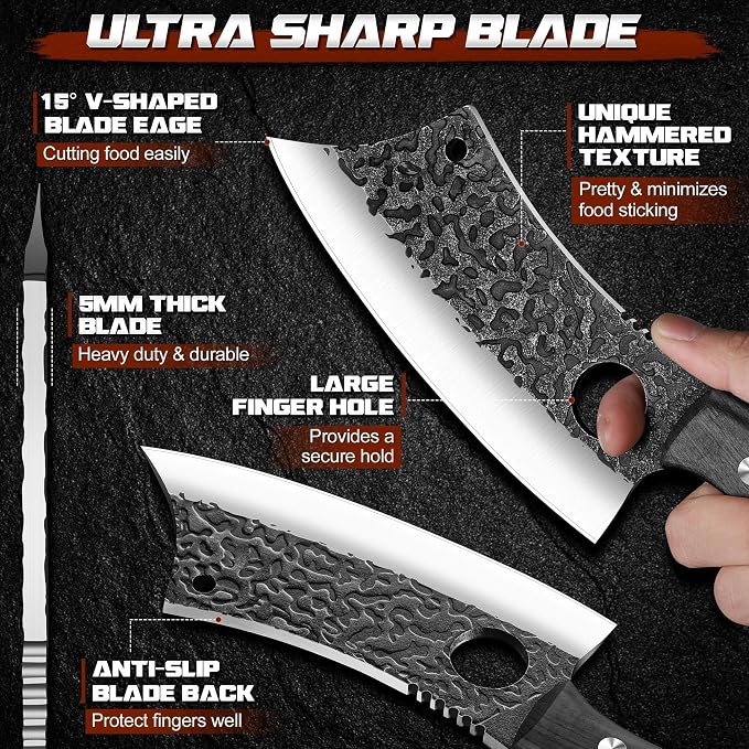 ROCOCO Meat Cleaver Butcher Knife - Full Tang Knife & Sheath Gift Idea Men | Sharp Hand forged Knife for Home Outdoor BBQ Camping Mother Father Gift Idea Men Black 6.3"