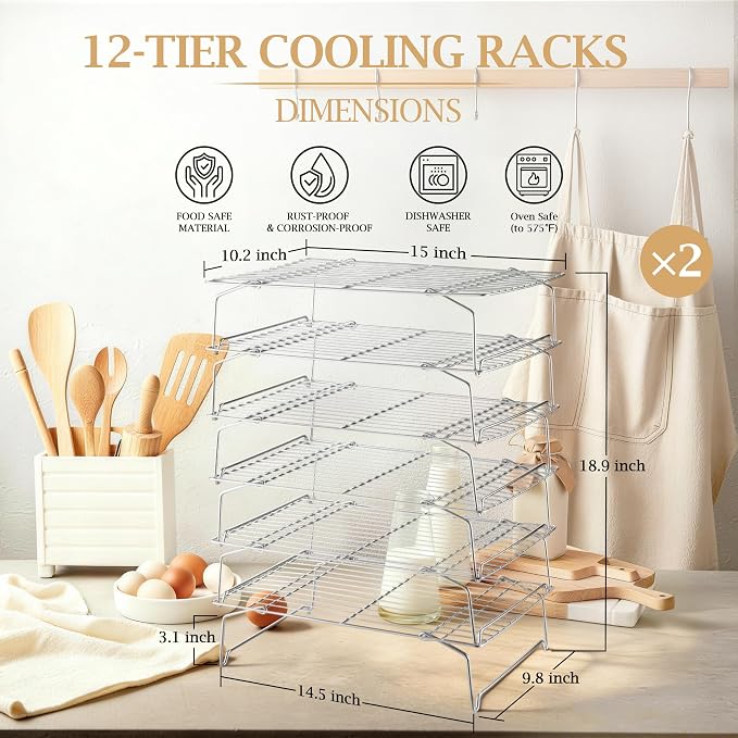 LIANYU 6-Tier Stackable Cooling Rack for Cooking & Baking, 10"x15", 2 Pack | Stainless Steel Collapsible Cooling Rack for Cookies, Cakes, Baking Wire Racks Fits Jelly Roll Pan, Oven & Dishwasher Safe