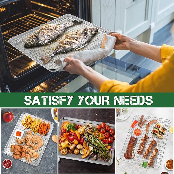 P&P CHEF 12.5 Inch Toaster Oven Pan Tray with Wire Rack, 4 PCS | Baking Sheet Pan + Cooling Rack for Cooking/Roasting, Dishwasher Safe & Rust Free, Non-toxic & Sturdy