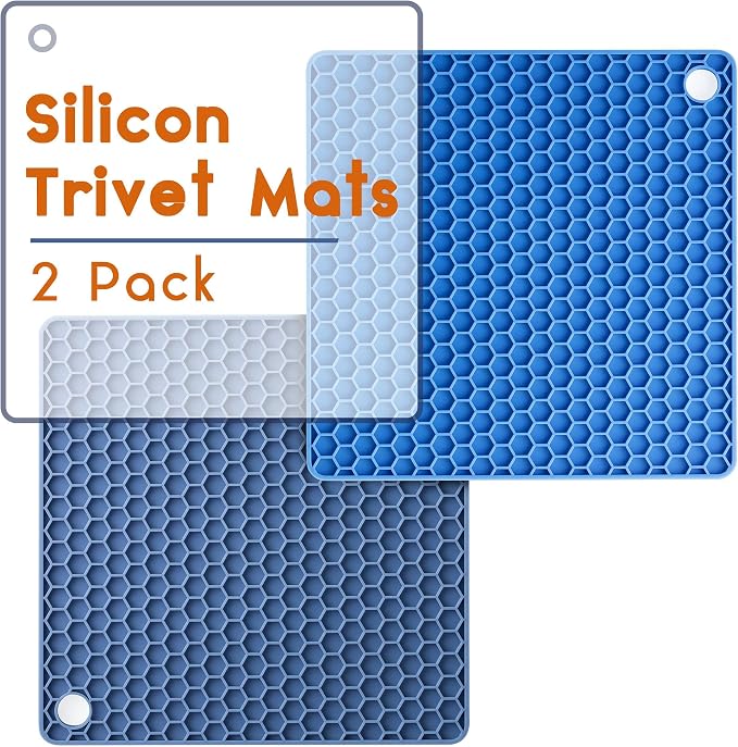 BTaT- Silicone Trivet Mats, 2 Pack, Blue, Heat & Stain Resistant | Non Slip Hot Pads Kitchen Potholders Jar Opener Spoon Holder Food Grade Silicone