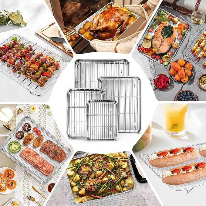 Homikit Baking Sheet with Wire Rack Set (4 Pans + 4 Racks), 16/12/10/9 Inch | Stainless Steel Sheet Pans with Cooling Racks for Oven, Heavy Duty Metal Cookie Bacon Baking Trays Non Toxic, Dishwasher Safe