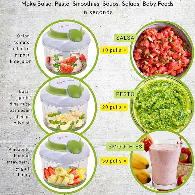 Brieftons QuickPull Manual Food Chopper, 4-Cup Hand Pull String Chopper, No Electricity, Chops Onion Tear-Free, Garlic, Vegetables, Herbs, Nuts for Salsa, Guacamole, Pesto, Baby Food, RV, Camping