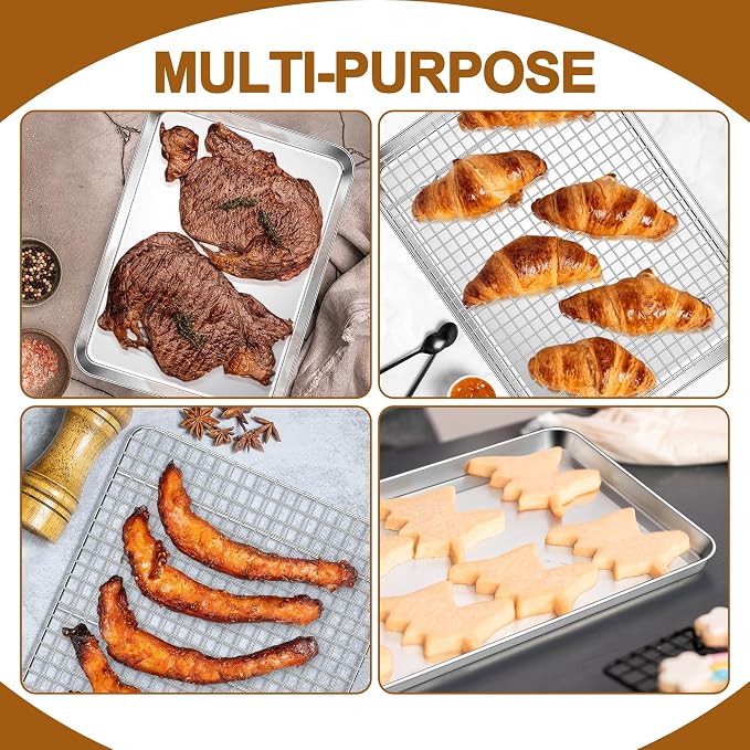 E-far Baking Sheet with Wire Rack Set, 16" x 12" (1 Pan +1 Cooling Rack) | Stainless Steel Sheet Pan with Cooling Rack for Oven, Large Metal Bacon Tray for Cooking Roasting, Non-Toxic, Dishwasher Safe