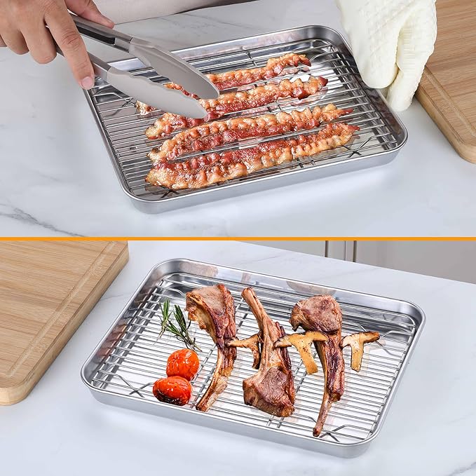 Homikit Mini Baking Sheet with Wire Rack for Toaster Oven (1 Pan+1 Rack) | 9x7 Inch Stainless Steel Baking Pan with Cooling Rack Set, Metal Cookie Sheets, Small Bacon Tray, Nonstick, Dishwasher Safe