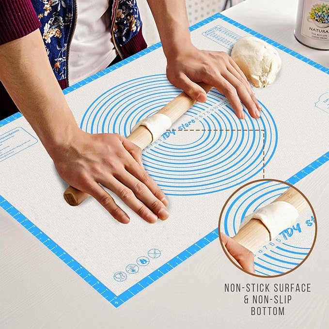 26 * 16 inches blue, Non-Slip Silicone Baking Sheets - Baking Mat with 0.7mm Thickness - Non-Stick Pastry & Cookie Mat for Kitchen Counter for Rolling Out Dough with Measurements.