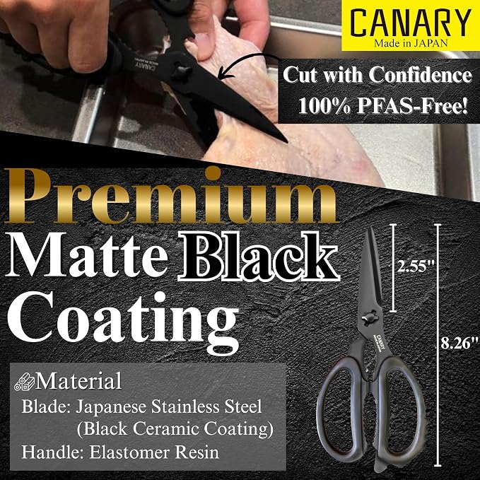 CANARY Japanese Kitchen Scissors All Purpose Heavy Duty 8.2" Matte Black, Made in JAPAN, Dishwasher Safe Come Apart Blade, Multipurpose Kitchen Shears, Sharp Serrated Japanese Stainless Steel Blade