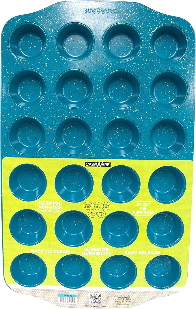 casaWare Mini Muffin Pan 24 Cup Ceramic Coated Non-Stick (Blue Granite)