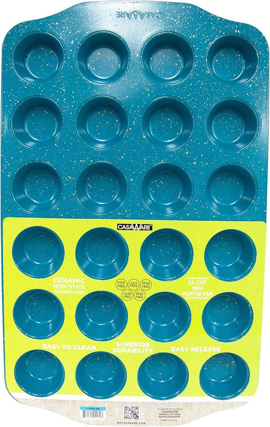 casaWare Mini Muffin Pan 24 Cup Ceramic Coated Non-Stick (Blue Granite)