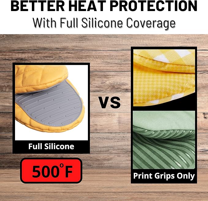 Oven Mitts Heat Resistant - Yellow Mini Silicone Gloves & Pot Holders Set for Kitchen
