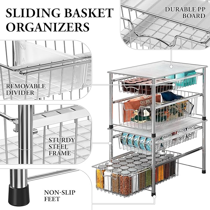 Simple Houseware Stackable 2 Tier Sliding Basket Organizer Drawer, Chrome