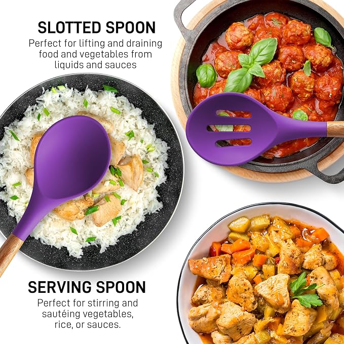 Zulay Kitchen Non-Stick Cooking Utensils Set with Authentic Acacia Wood Handles – 5-Piece Durable & Stylish Silicone Kitchen Utensils Set – Heat Resistant to 464°F – Purple
