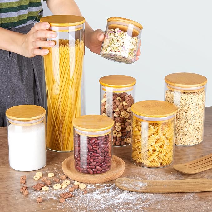 Vtopmart Glass Food Storage Jars, 7 Pack Kitchen Containers with Airtight Bamboo Wooden Lids for Pasta, Cookies, Nuts, Coffee Beans, Cereal, Canisters Set for Flour, Pantry Organization, BPA Free | 7-Pack Multi-Size Canisters Set for Pasta, Cookies, Nu...