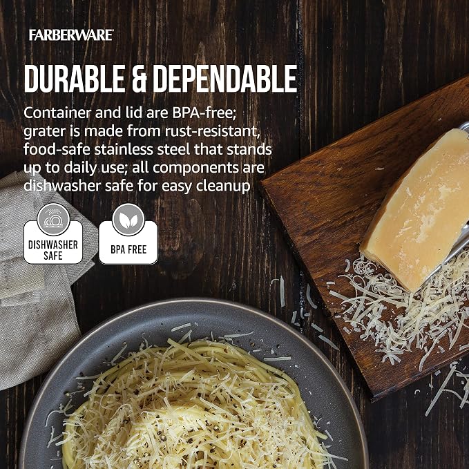 Farberware Slim Box Grater with Storage Container, Stainless Steel 4-Sided Cheese Grater with 1-Cup Catch Cup, Lid, and Non-Slip Base - Dishwasher Safe Kitchen Grater for Cheese, Vegetables, and More