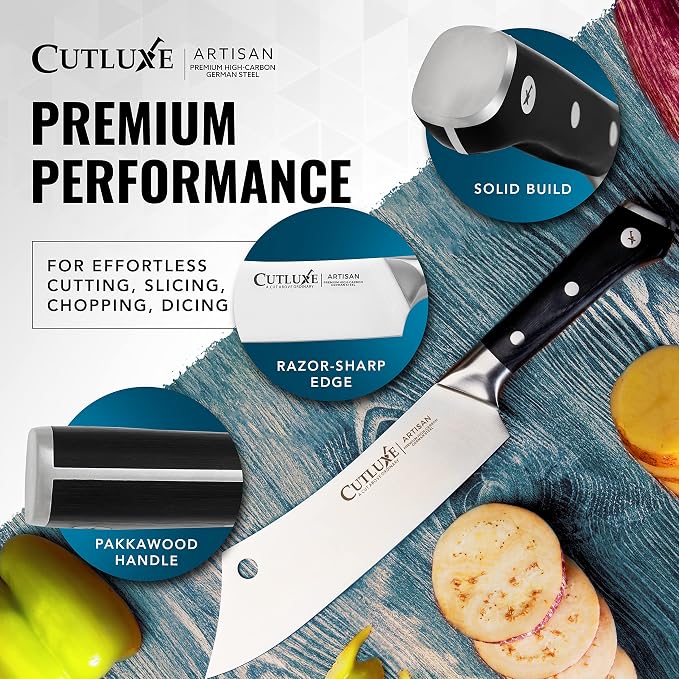 Cutluxe Cleaver Chef Knife – 8" Meat Cleaver Butcher Knife – German Steel Blade, Full Tang, Ergonomic Handle Design – Artisan Series