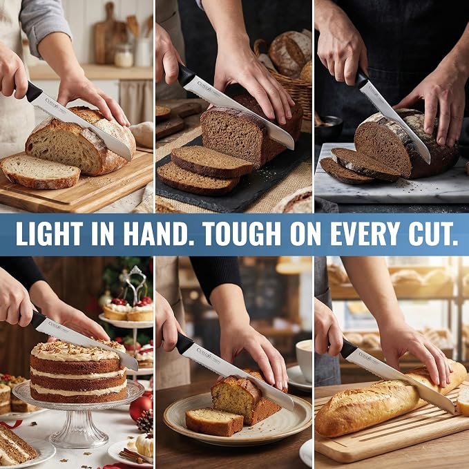 Cutluxe Bread Knife with Cover – 10" Razor-Sharp Serrated Stainless Steel Blade, Ergonomic Anti-Slip Handle – Perfect for Sourdough & Homemade Bread