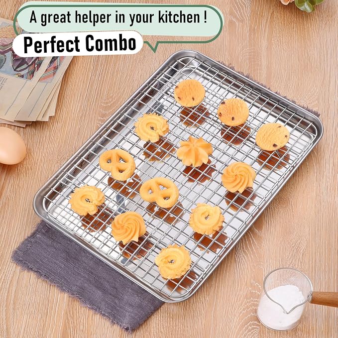 Homikit Quarter Sheet Pan with Wire Rack (2 Baking Sheet+2 Rack), 12" x 10" | Stainless Steel Quarter Baking Tray with Grid Cooling Rack for Toaster Oven Roasting, Metal Bacon Cookie Pan, Dishwasher Safe