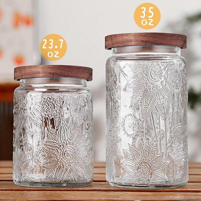 Glass Storage Jars With Airtight Lid, 23.7oz Container For Kitchen Counter with Wooden Lid, brown sugar, candy, coffee, cookie, salt, tea, cute Jar (35oz Large Begonia Flowers)