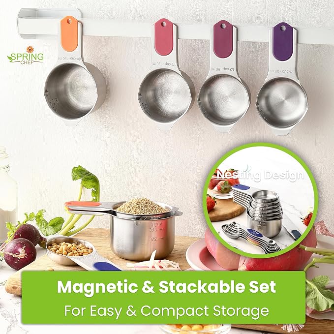 Spring Chef Magnetic Measuring Cups & Spoons Set of 16, Mountain Sunrise | Patented Nesting Stainless Steel Measuring Cups & Heavy Duty Metal Measuring Spoons w/ Levelers for Dry & Liquid Ingredients
