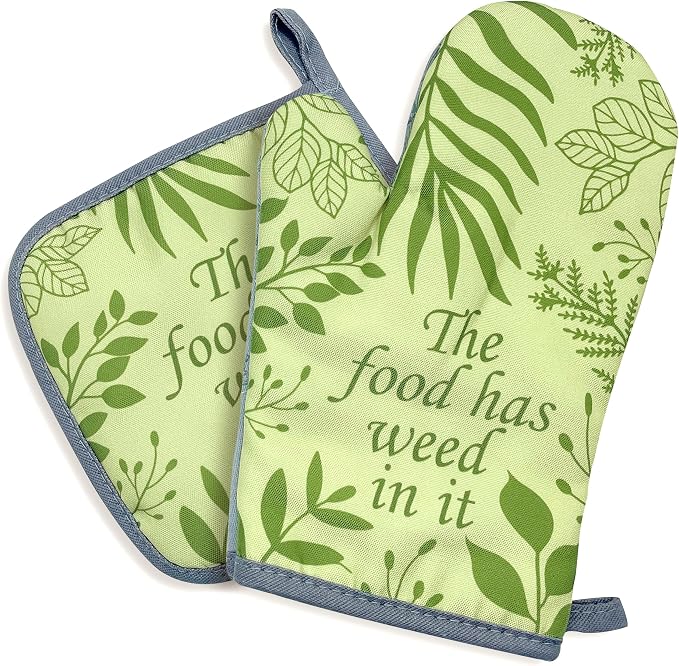 zcyhtqp, The Food has Weed in It, Funny Silicone Non-Slip Oven Mitts and Pot Holders Sets of 2, Kitchen Gift for Men Women, Bake Lover Gift, Housewife Baking Cooking Gifts