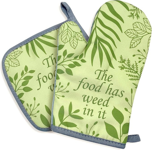 zcyhtqp, The Food has Weed in It, Funny Silicone Non-Slip Oven Mitts and Pot Holders Sets of 2, Kitchen Gift for Men Women, Bake Lover Gift, Housewife Baking Cooking Gifts