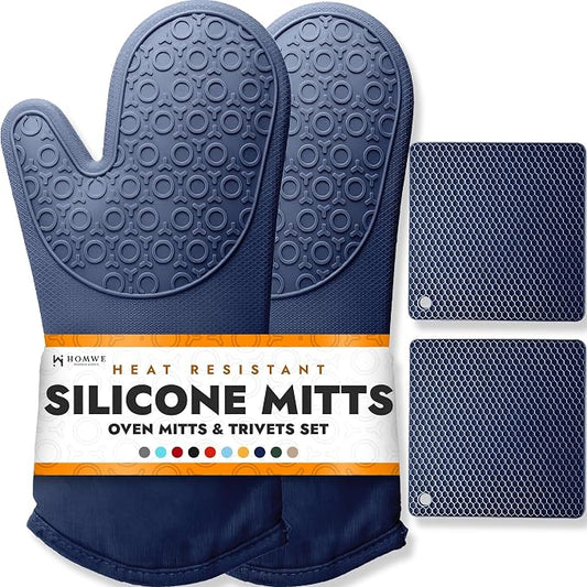 BPA-Free Soft Silicone 4 Piece Oven Mitts & Trivets Set - Ultra Heat Resistant Oven Mitts with Thick Cotton Liner - Long Slip Resistant Pot Holders, Flexible Oven Gloves - Navy