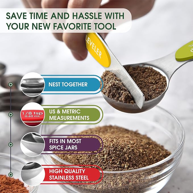 Spring Chef Multicolor Stainless Steel Magnetic Measuring Spoons Set of 8 with Leveler, Nesting Metal Teaspoon & Tablespoon Measuring Spoons, Kitchen Gadgets for Baking & Cooking - 2 Pack