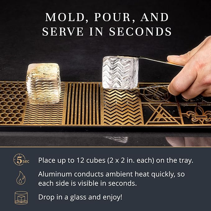 Clear Ice Cube Maker Design Tray - Craft Modern Ice Molds for Bourbon & Cocktails in 5 Seconds - Whiskey Mold Cube Stamp – Bartender Accessories - Copper Ice Press Cocktails by Ash Harbor (Patterns)