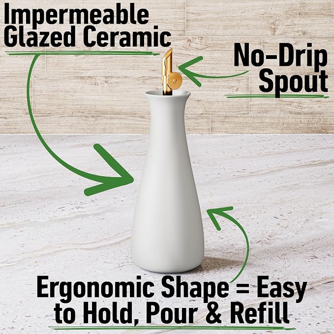 Ceramic Olive Oil Dispenser with Self-Closing Gold Spout, 530mL, Leakproof | Leak Proof EVOO Dispensing Bottle, Stainless Steel Self-Closing Spout, Ergonomic, Durable, Easy Pour, Stylish, 530mL Capacity