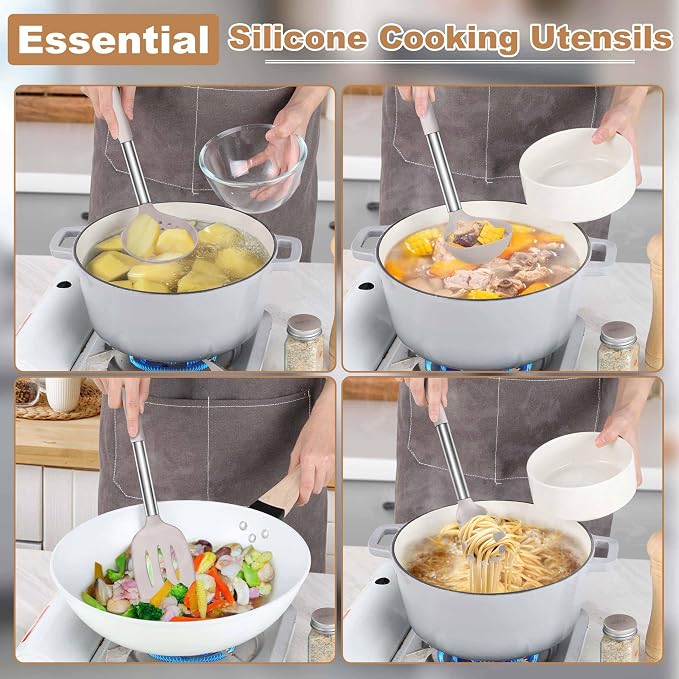 LIANYU Cooking Utensils Set of 6, Silicone Kitchen Utensils Set for Nonstick Cookware, Heat Resistant Kitchen Gadgets Tools, Includes Spatulas, Spoons, Tongs, Stainless Steel Handle, Khaki