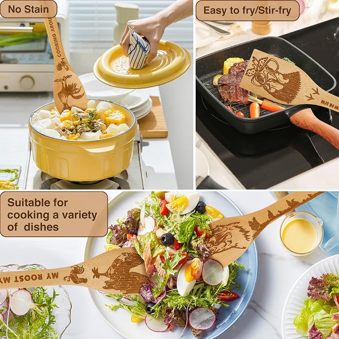 8 PCS Chicken Bamboo Cooking Spoon with Apron and Oven Mitts,Rooster Kitchen Utensil Decor Gifts for Women Chicken Lovers,Roosters Themed Decorations for Home,Housewarming,Birthday,Mother's Day,Easter