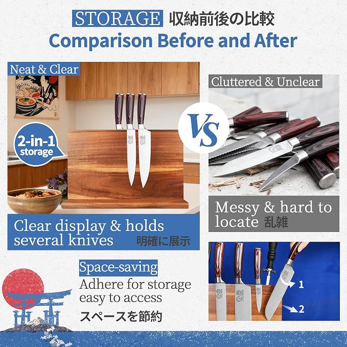 XYJ Magnetic Knife Block, Dual-Sided Strong Magnets, Acacia Wood Extra Large Stable Countertop Design, Kitchen Cutlery Display Stand without Knives