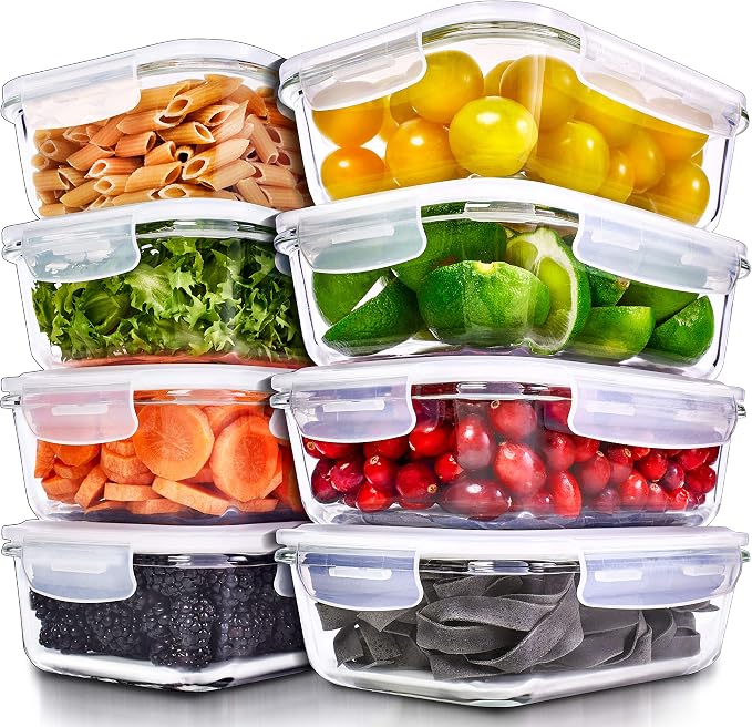 PrepNaturals 8 Pack 36oz Glass Meal Prep Containers - 1 Compartment | Square Borosilicate Glass Meal Prep Containers - Airtight Leak-Resistant Lids, Microwave, Oven & Freezer Safe (8-Pack, 36 oz)