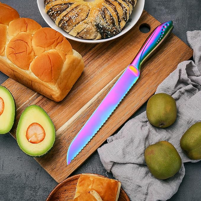 WELLSTAR Bread Knife 8 Inch, Serrated Bread Cutter, Ultra Sharp German Stainless Steel Blade and Comfortable Handle with Rainbow Titanium Coated for Slicing Breads Loaves Bagel Cake and Large Fruit