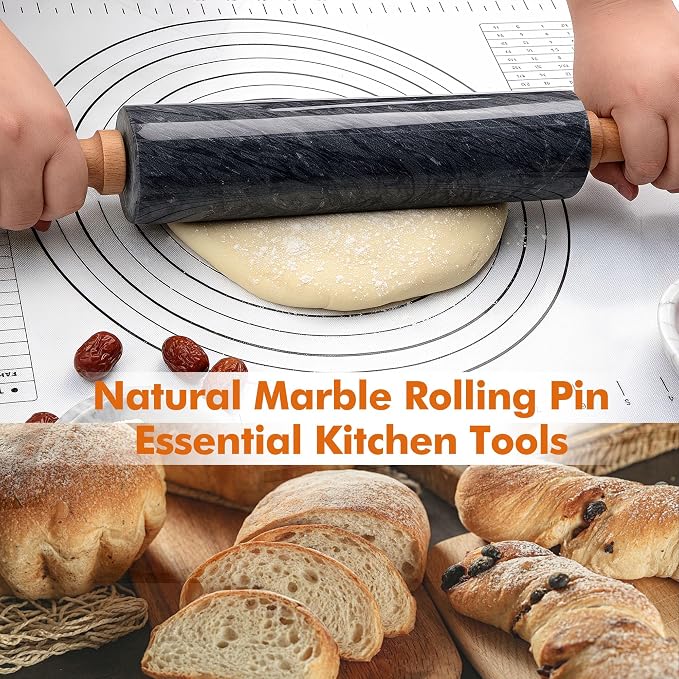 18.5 inches Marble Rolling Pin,Large Non-Stick Dough Roller,for making pizza, cookies,pie crusts, and pasta.with Silicone Pastry Mat,Stainless Steel Scraper,and Small Wooden Roller Pin(Black)
