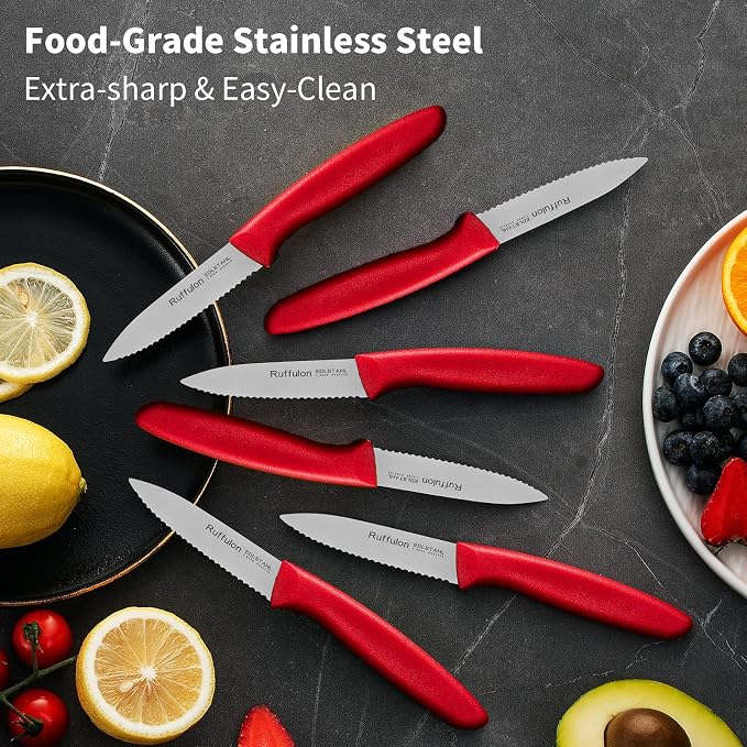 Stainless Steel Paring Knife With Serrated Blade, 6 Pieces Set Vegetable and Fruit Knife, Ultra Sharp Small Kitchen Knife, Red Paring Knives with PP Plastic Ergonomic Handle.