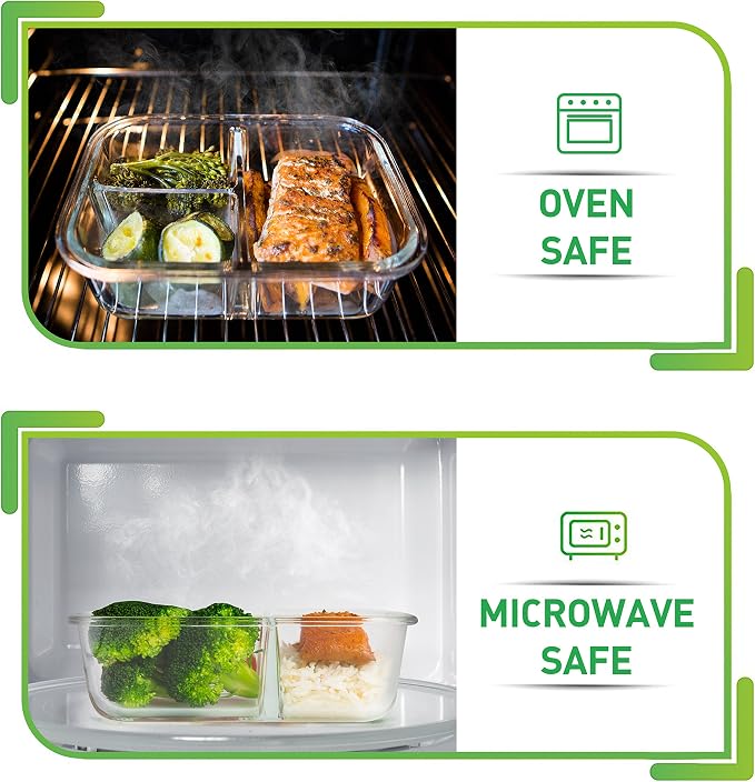 PrepNaturals 4 Pack 34oz Glass Meal Prep Containers - 3 Compartments | Borosilicate Glass Meal Prep Containers - Airtight Leak-Resistant Lids, Microwave, Oven & Freezer Safe (4-Pack, 34 oz)