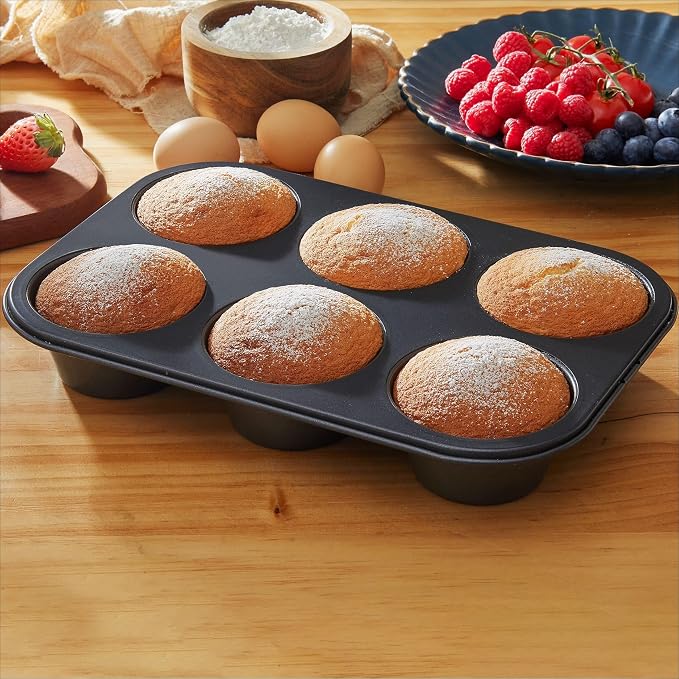 6 Cup Jumbo Muffin Pan, Non-Stick Carbon Steel Bakeware, Gray, 12.6x8.58x1.81 Inch, Even Heating, Dishwasher Safe