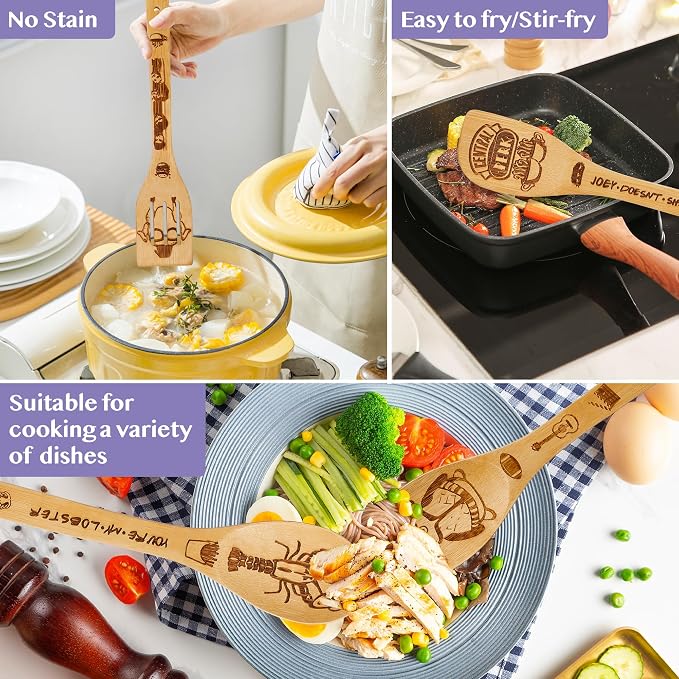 Gifts for Women,Friends Merchandise Wooden Cooking Spoons with Apron Oven Mitt Potholder,Best Birthday Wedding Housewarming Christmas Presents, Kitchen Decor (Friends tv spoon+++)