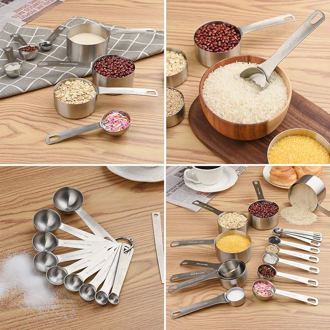 18/8 Stainless Steel Measuring Cups and Spoons Set, Metric & US Metal Measure Cup and Spoon for Baking & Kitchen, Heavy Duty 7 Measuring Cups & 8 Spoons With Leveler