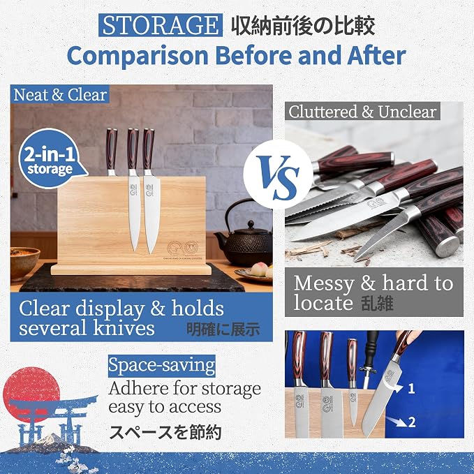 XYJ Magnetic Knife Block, Dual-Sided Magnets, Stable Countertop Knife Holder, Natrual Wood, Knives Organizer Tool, Kitchen Cutlery Display Stand without Knives