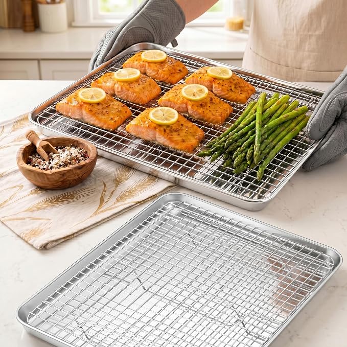 Homikit Baking Half Sheet with Rack Set (2 Pans+2 Cooling Racks), 18" x 13" | Stainless Steel Cookie Sheets Pan with Wire Cooling Racks for Baking, Nonstick Large Bacon Crisp Trays for Oven, Non Toxic