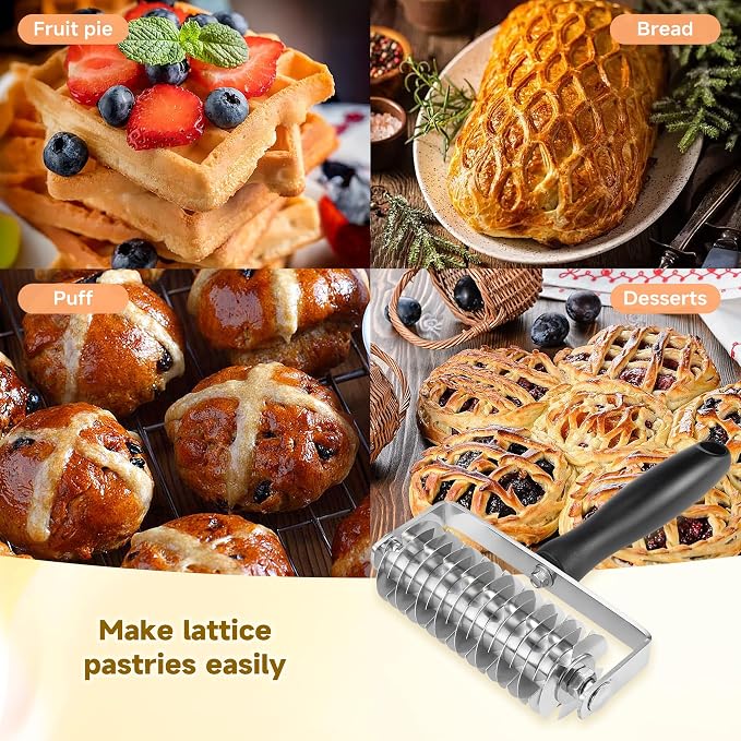 Pastry Lattice Roller Cutter - Stainless Steel Professional Dough Lattice | Top Pie Pizza Bread Pastry Crust Lattice Roller Cutter wheel