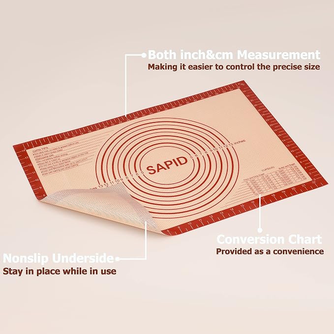 Sapid Extra Thick Silicone Pastry Mat Non-slip Baking Mat for Dough Rolling | Large With Measurements Non-stick for Pie Crust, Cookies, Kneading Mats, Countertop, Placement Mats (16" x 24", Red)