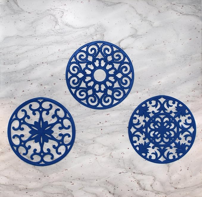 GASARE, Extra Large, Thick, 10" Silicone Trivets for Hot Dishes, Pots, and Pans, Hot Pads for Countertops, Flexible, Dishwasher Safe, 10 x ¼ Inches, Set of 3, Blue